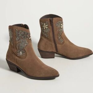 Anthropologie Floral Suede Brown Western Boots Embellished Beaded Size 40